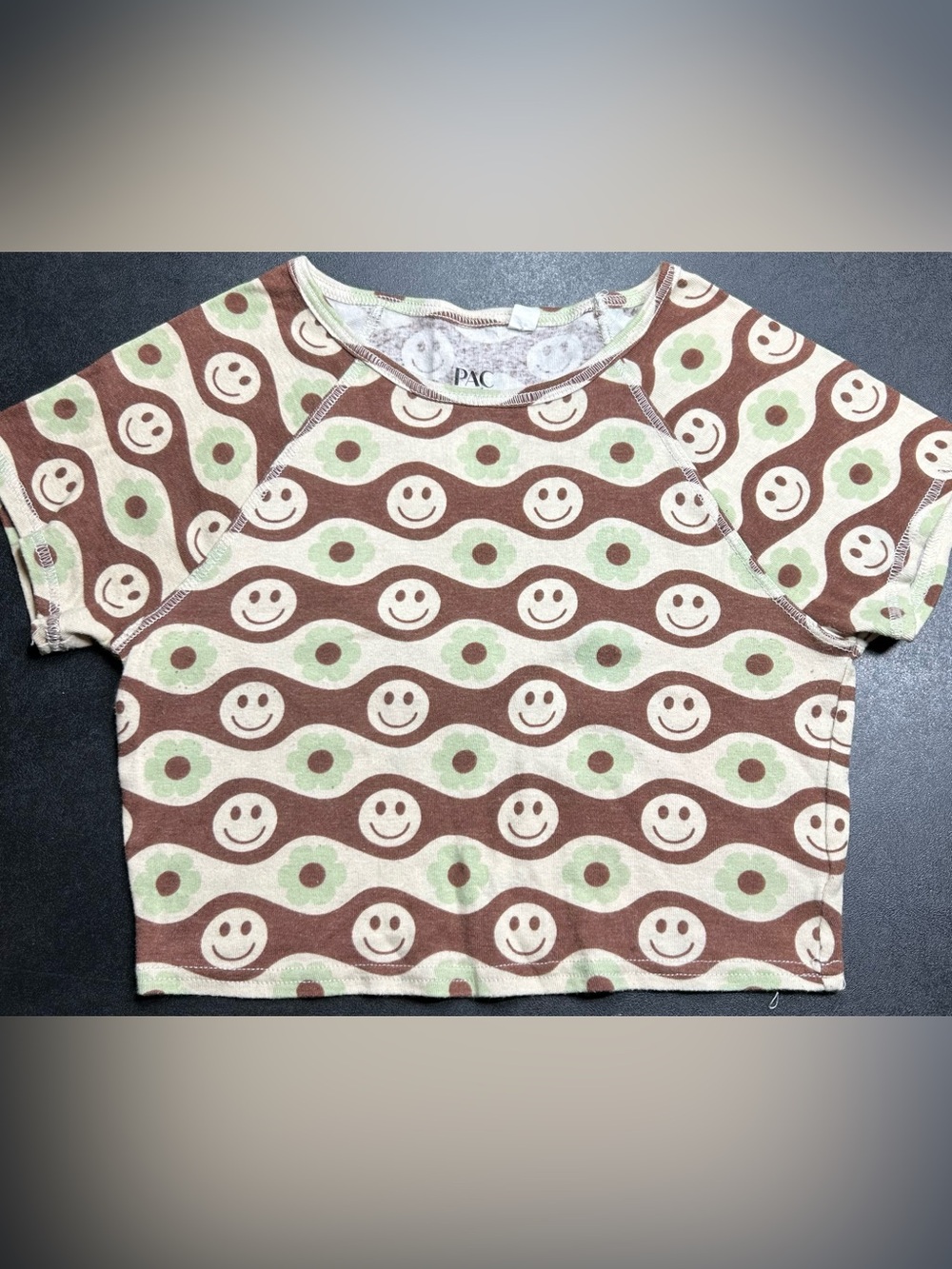 PAC Cares Pacsun Size L Brown Green Smiley Flower Power 90’s Y2K Crop Top